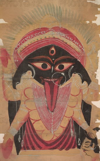 Kali, 1800s. India, Calcutta, Kalighat painting, 19th century. Black ink, color and silver paint, and graphite underdrawing on paper; painting only: 45.4 x 28 cm (17 7/8 x 11 in.).
