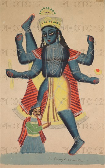 Trivikramapada (Three Steps of Vishnu), 1800s. India, Calcutta, Kalighat painting, 19th century. Black ink, color and silver paint, and graphite underdrawing on paper; painting only: 45.6 x 27.9 cm (17 15/16 x 11 in.).