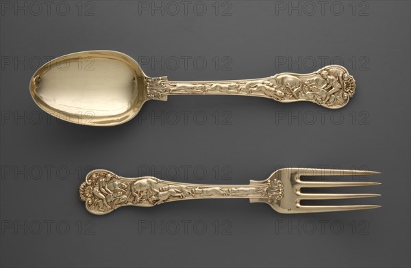 Dessert Fork and Spoon with Hunt Scenes, c. 1822. Paul Storr (British, 1771-1844). Gilt silver; overall: 21.1 x 3 x 3 cm (8 5/16 x 1 3/16 x 1 3/16 in.).