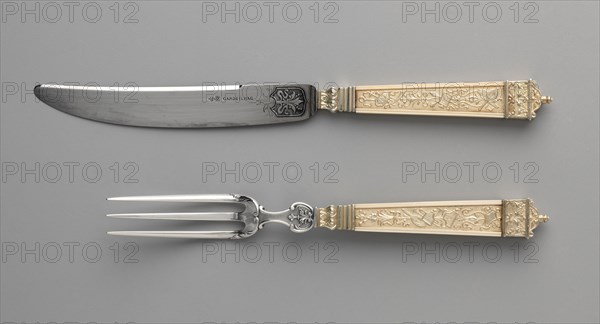 Dessert Knife and Fork , c. 1880. Maison Cardeilhac (French). Gilt silver and ivory