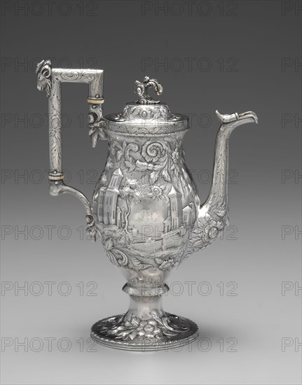 Neo-Rococo Coffee Pot, c. 1840. Samuel Kirk (American, 1793-1872). Silver and ivory; overall: 30.4 x 23.5 x 12 cm (11 15/16 x 9 1/4 x 4 3/4 in.).
