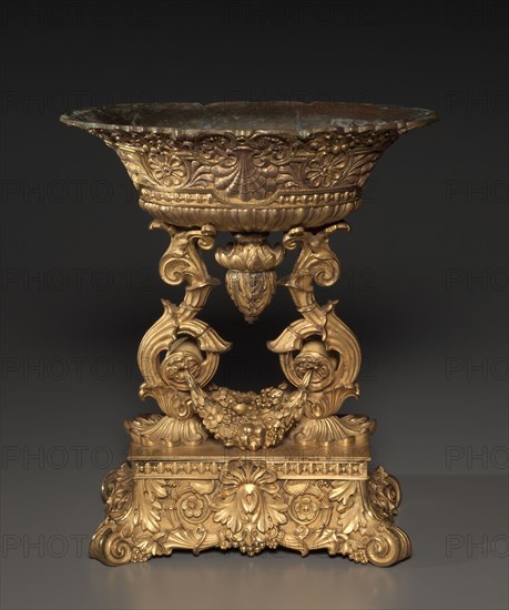 Centerpiece, or Jardinière, c. 1830-1850. France, Paris, 19th century. Gilt bronze with enamel flowers; overall: 36.7 x 31 x 17.5 cm (14 7/16 x 12 3/16 x 6 7/8 in.); with flowers: 51 x 38.2 x 26.4 cm (20 1/16 x 15 1/16 x 10 3/8 in.).