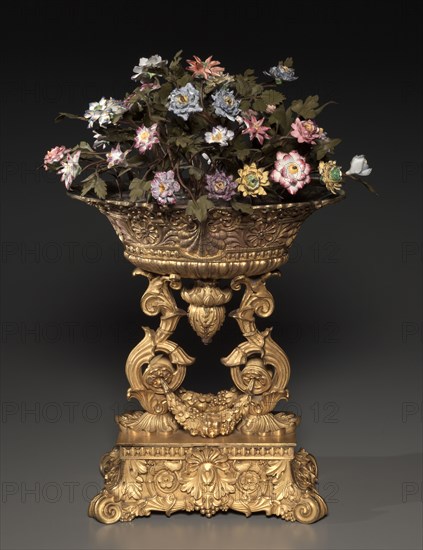 Centerpiece, or Jardinière, c. 1830-1850. France, Paris, 19th century. Gilt bronze with enamel flowers; overall: 36.7 x 31 x 17.5 cm (14 7/16 x 12 3/16 x 6 7/8 in.); with flowers: 51 x 38.2 x 26.4 cm (20 1/16 x 15 1/16 x 10 3/8 in.).