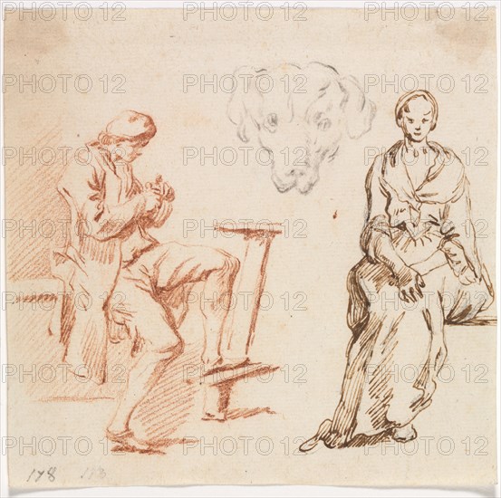 Sheet of Studies: Seated Man, Head  of a Dog, Seated Woman, 1700s. Claude-Joseph Vernet (French, 1714-1789). Red chalk (seated man); pen and brown ink over black chalk (seated woman); black chalk (head of dog); sheet: 12.4 x 12.7 cm (4 7/8 x 5 in.).