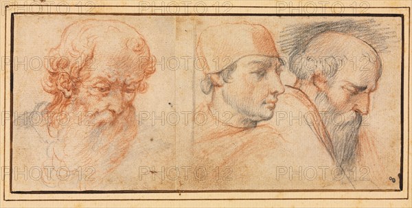 Three Head Studies, 1600s. Italy, 17th century. Red and black chalk; sheet: 8.4 x 18.6 cm (3 5/16 x 7 5/16 in.).