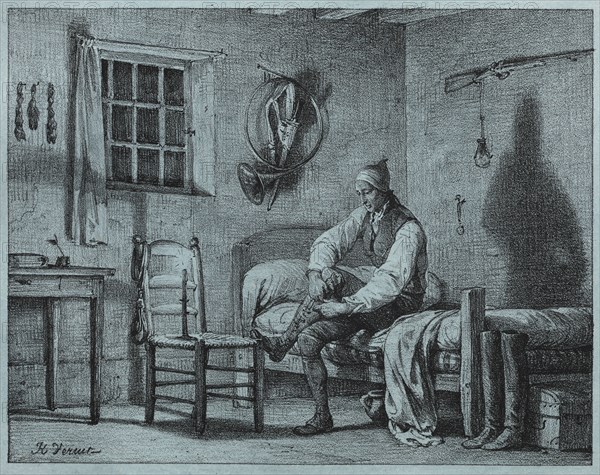 The Man-Servant of Limier Rising from Bed, c. 1818. Horace Vernet (French, 1789-1863). Lithograph in black and grayon blue chine; sheet: 25.4 x 32.4 cm (10 x 12 3/4 in.); image: 15 x 19.4 cm (5 7/8 x 7 5/8 in.); tint: 17.3 x 21.5 cm (6 13/16 x 8 7/16 in.)