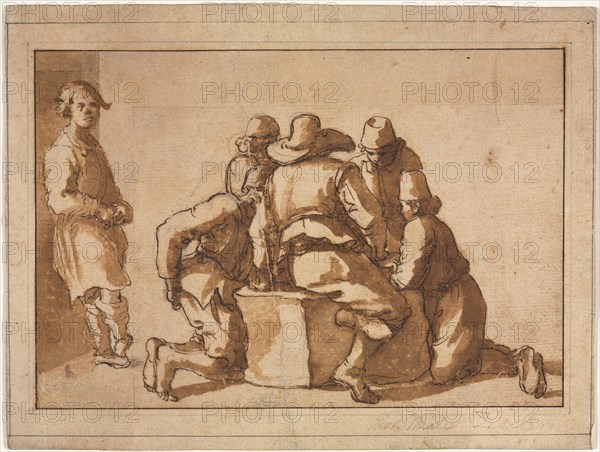 Genre Scene of Young Men Playing a Game. Attributed to Frederico Zuccaro (Italian, 1540/1-1609). Pen and brown ink and brush and brown wash over graphite; sheet: 13.7 x 20.1 cm (5 3/8 x 7 15/16 in.).