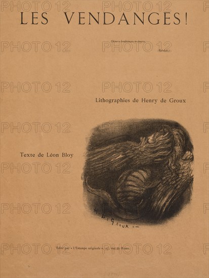 The Vintages!: Title Page, 1894. Henri de Groux (Belgian, 1867-1930), Proof from an unpublished suite of lithographs intended to be published by L'Estampe Originale, 17, rue de Rome.. Lithograph; sheet: 59.6 x 43.4 cm (23 7/16 x 17 1/16 in.); image: 20.2 x 20.7 cm (7 15/16 x 8 1/8 in.).