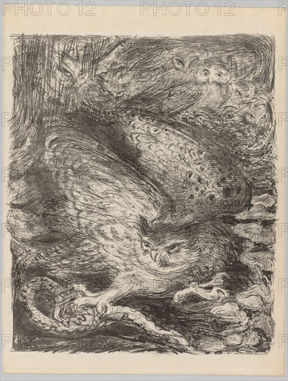 The Vintages!: Seven Owls and a Serpent, c. 1900. Henri de Groux (Belgian, 1867-1930). Lithograph; sheet: 56.8 x 43.3 cm (22 3/8 x 17 1/16 in.); image: 48.8 x 40.1 cm (19 3/16 x 15 13/16 in.)
