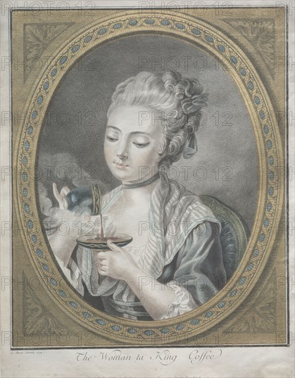 The Woman taking Coffee, 1774. Louis-Marin Bonnet (French, 1736-1793). Color chalk-manner etching and engraving with applied gold-leaf; sheet: 32.2 x 25 cm (12 11/16 x 9 13/16 in.); image: 28.5 x 23.3 cm (11 1/4 x 9 3/16 in.)