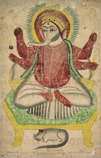 Ganesha, 1800s. India, Calcutta, Kalighat painting, 19th century. Watercolor, black ink, and tin paint on paper
