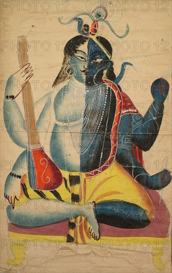 Hari-Hara, 1800s. India, Calcutta, Kalighat painting, 19th century. Black ink, color and silver paint, and graphite underdrawing on paper; secondary support: 46.5 x 28.3 cm (18 5/16 x 11 1/8 in.); painting only: 45.2 x 27.8 cm (17 13/16 x 10 15/16 in.).