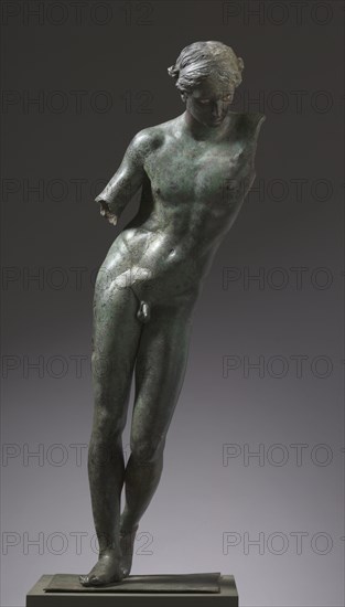 Apollo the Python-Slayer, c. 350 BC. Attributed to Praxiteles (Greek, c. 400BC-c. 330BC). Bronze, copper and stone inlay; overall: 150 x 50.3 x 66.8 cm (59 1/16 x 19 13/16 x 26 5/16 in.).