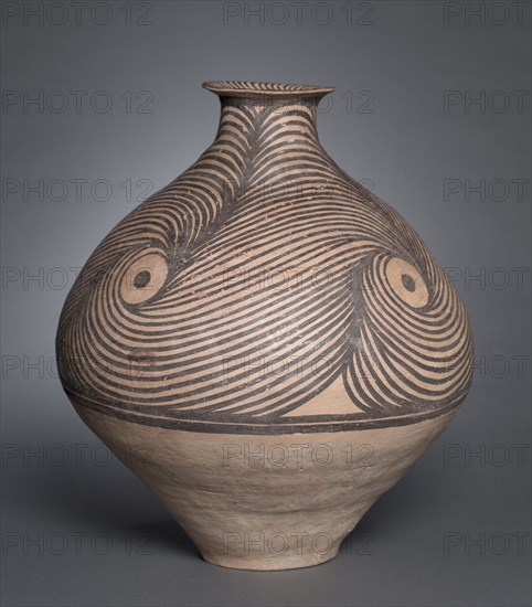 Jar with Spiral Designs, 3300-2650 BC. Northwest China, Neolithic period, Majiayao culture, Majiayao phase (3300-2650 BC). Earthenware with slip-painted decoration; diameter: 39.1 cm (15 3/8 in.); overall: 45.2 cm (17 13/16 in.).