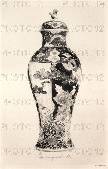 Book by Albert Jacquemart: History of the Ceramic Art: A Descriptive and Philosophical Study of the Pottery of All Ages and All Nations: Japan: Chrysanthemo-Paeonian Family. -Jar, "Potiche," with the Dog of Fo, and a Carp Leaping Out of the Water (Plate III), 1877. Jules Jacquemart (French, 1837-1880). Etching; sheet: 25.5 x 18 cm (10 1/16 x 7 1/16 in.); platemark: 19.3 x 13 cm (7 5/8 x 5 1/8 in.).