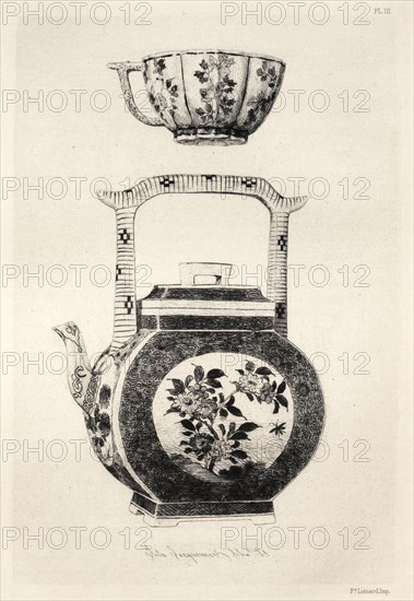 Book by Albert Jacquemart: History of the Ceramic Art: A Descriptive and Philosophical Study of the Pottery of All Ages and All Nations: Japan: Artistic Decoration- Saucer with Rich Enamelled Ground, and Medallion Representing the Goddess Kouanin (Plate IV), 1877. Jules Jacquemart (French, 1837-1880). Etching; sheet: 25.5 x 18 cm (10 1/16 x 7 1/16 in.); platemark: 19.1 x 13 cm (7 1/2 x 5 1/8 in.)