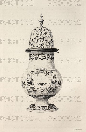 Book by Albert Jacquemart: History of the Ceramic Art: A Descriptive and Philosophical Study of the Pottery of All Ages and All Nations: France: Moustieres- Sugar Caster, Blue Decoration (Plate IX), 1877. Jules Jacquemart (French, 1837-1880). Etching; sheet: 25.5 x 18 cm (10 1/16 x 7 1/16 in.); platemark: 19.2 x 13 cm (7 9/16 x 5 1/8 in.)