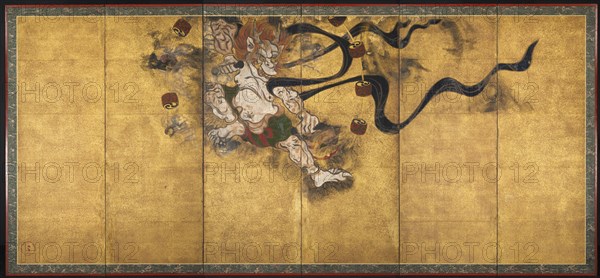God of Thunder (Raijin), mid-1600s. Workshop of Tawaraya Sotatsu (Japanese, died c. 1640). Six-panel folding screen, ink, color and gold on paper; image: 150.4 x 343 cm (59 3/16 x 135 1/16 in.); overall: 162.4 x 355.8 cm (63 15/16 x 140 1/16 in.); panel: 162.4 x 59.2 cm (63 15/16 x 23 5/16 in.); with frame: 165.6 x 358.6 cm (65 3/16 x 141 3/16 in.).