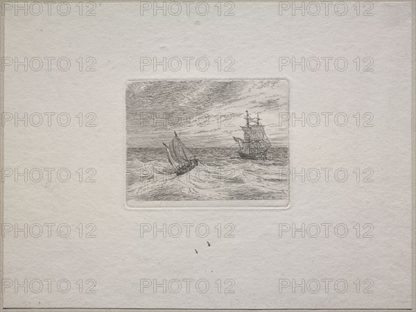 Rough Seas with a Two-master and Sailboat, 1838. Johann Christian Clausen Dahl (Norwegian, 1788-1857). Etching; sheet: 20 x 26.7 cm (7 7/8 x 10 1/2 in.); platemark: 8.4 x 10.8 cm (3 5/16 x 4 1/4 in.)