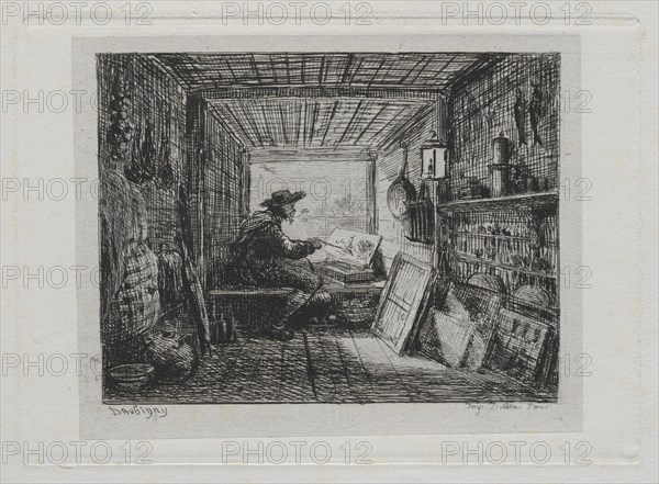 The Boat Trip:  The Studio on the Boat, 1861. Charles François Daubigny (French, 1817-1878). Etching with chine collé; sheet: 31.4 x 44.5 cm (12 3/8 x 17 1/2 in.); platemark: 13 x 18 cm (5 1/8 x 7 1/16 in.)