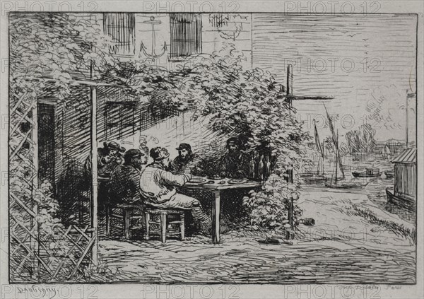 The Boat Trip:  The Lunch before Going Aboard at Asnières, 1861. Charles François Daubigny (French, 1817-1878). Etching with chine collé; sheet: 31.7 x 45.2 cm (12 1/2 x 17 13/16 in.); platemark: 13 x 18 cm (5 1/8 x 7 1/16 in.).