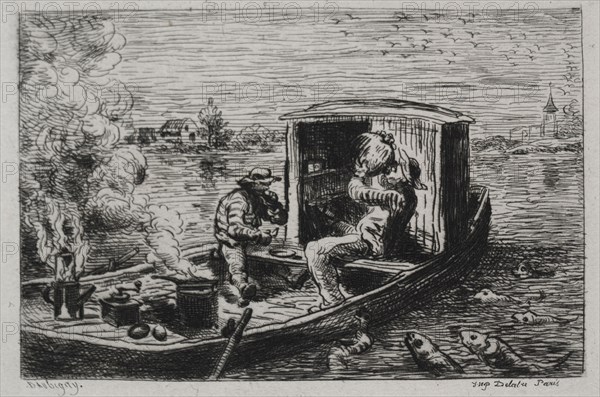 The Boat Trip: Guzzling or Lunch on the Boat, 1861. Charles François Daubigny (French, 1817-1878). Etching with chine collé; sheet: 31.2 x 44.7 cm (12 5/16 x 17 5/8 in.); platemark: 13 x 18 cm (5 1/8 x 7 1/16 in.).