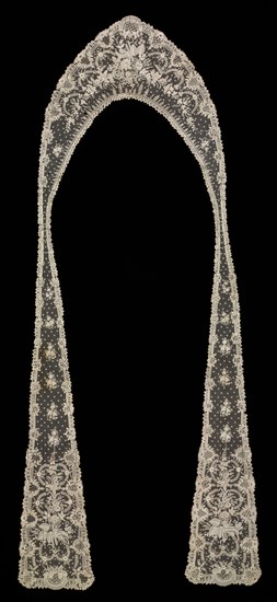 Fichu, c. 1875-1880. France or Belgium, 19th century. Composite lace. Machine-made netting (reseau), Brussels bobbin lace and French needle point lace; linen; overall: 193 x 53.3 cm (76 x 21 in.).