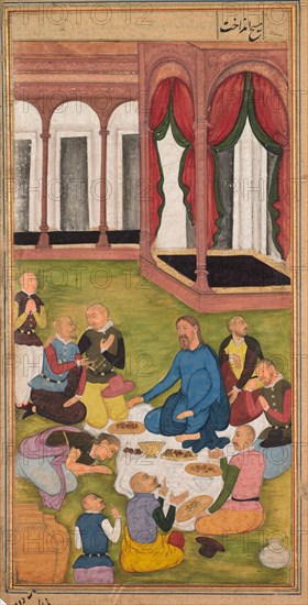 Mary Magdalene Presents Ointment to Jesus, from a Mirror of Holiness (Mir’at al-quds) of Father Jerome Xavier, 1602-1604. Northern India, Uttar Pradesh, Allahabad, Mughal period. Opaque watercolor, ink, color and gold on paper; sheet: 26.4 x 15.7 cm (10 3/8 x 6 3/16 in.); image: 20.5 x 10.3 cm (8 1/16 x 4 1/16 in.).
