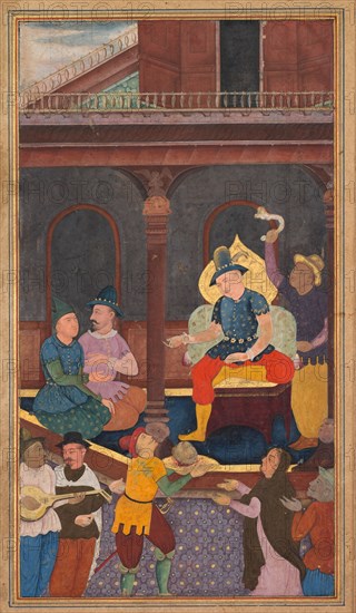 Salome Receiving John the Baptist's Head on a Platter, from a Mirror of Holiness (Mir'at al-quds) of Father Jerome Xavier, 1602-1604. Northern India, Uttar Pradesh, Allahabad, Mughal period. Opaque watercolor, ink, color and gold on paper; sheet: 26.4 x 15.7 cm (10 3/8 x 6 3/16 in.); image: 19.8 x 11.2 cm (7 13/16 x 4 7/16 in.).