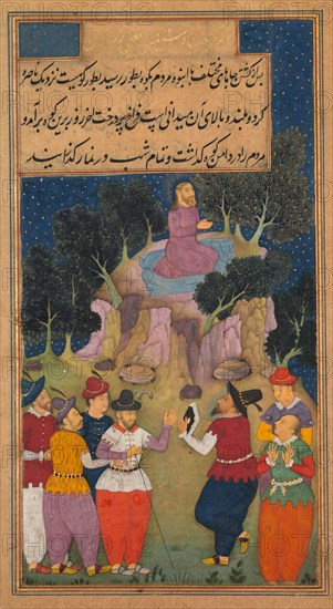 Jesus in the Tun Mountains near Nazareth where he Chooses Twelve of his Followers and Calls them Apostles, from a Mirror of Holiness (Mir'at al-quds) of Father Jerome Xavier, 1602-1604. Northern India, Uttar Pradesh, Allahabad, Mughal period. Opaque watercolor, ink, color and gold on paper; sheet: 26.2 x 15.7 cm (10 5/16 x 6 3/16 in.); image: 20 x 10.9 cm (7 7/8 x 4 5/16 in.).