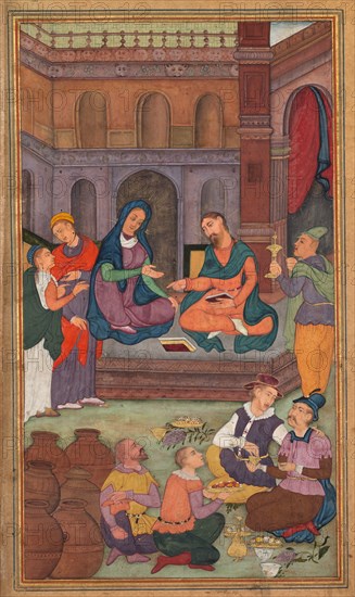 The Marriage at Cana, from a Mirror of Holiness (Mir’at al-quds) of Father Jerome Xavier, 1602-1604. Northern India, Uttar Pradesh, Allahabad, Mughal period. Opaque watercolor, ink, color and gold on paper; sheet: 26.3 x 15.7 cm (10 3/8 x 6 3/16 in.); image: 19.5 x 11.3 cm (7 11/16 x 4 7/16 in.).