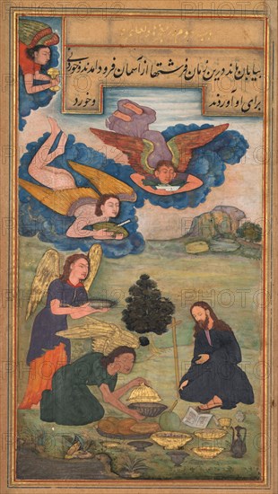 Angels bring food to Jesus in the wilderness, from a Mir’at al-quds of Father Jerome Xavier (Spanish, 1549–1617), 1602-1604. Northern India, Uttar Pradesh, Allahabad, Mughal period. Opague watercolor, ink, color and gold on paper; sheet: 26.2 x 15.7 cm (10 5/16 x 6 3/16 in.); image: 20.5 x 11.3 cm (8 1/16 x 4 7/16 in.).