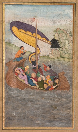 Jesus being awakened during a tempest on the Sea of Galilee, from a Mir’at al-quds of Father Jerome Xavier (Spanish, 1549–1617), 1602-1604. Northern India, Uttar Pradesh, Allahabad, Mughal period. Opaque watercolor, ink, color and gold on paper; page: 26.2 x 15.6 cm (10 5/16 x 6 1/8 in.).