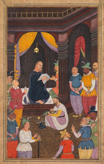 Jesus being portrayed by King Abgar’s painter, from a Mir’at al-quds of Father Jerome Xavier (Spanish, 1549–1617), 1602-1604. Northern India, Uttar Pradesh, Allahabad, Mughal period. Opaque watercolor, ink, color and gold on paper; page: 26.2 x 15.6 cm (10 5/16 x 6 1/8 in.).