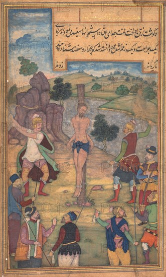 The Flagellation, from a Mirror of Holiness (Mir’at al-quds) of Father Jerome Xavier, 1602-1604. Northern India, Uttar Pradesh, Allahabad, Mughal period. Opaque watercolor, ink, color and gold on paper; sheet: 26.2 x 15.3 cm (10 5/16 x 6 in.); image: 22.3 x 13.3 cm (8 3/4 x 5 1/4 in.).