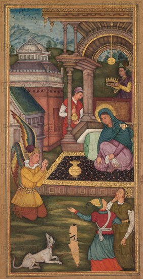 The Annunciation, from a Mir’at al-quds of Father Jerome Xavier (Spanish, 1549–1617), 1602-1604. Northern India, Uttar Pradesh, Allahabad, early 17th century. Opaque watercolor and gold on paper; page: 26.2 x 15.4 cm (10 5/16 x 6 1/16 in.).