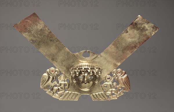 Nose Ornament with Human Head and Condors Attacking Humans, c. 100-300. Peru, North Coast, Moche culture (50-800), Early Intermediate Period (AD 0-700). Gold alloy; overall: 9.5 x 16.5 x 1.6 cm (3 3/4 x 6 1/2 x 5/8 in.).