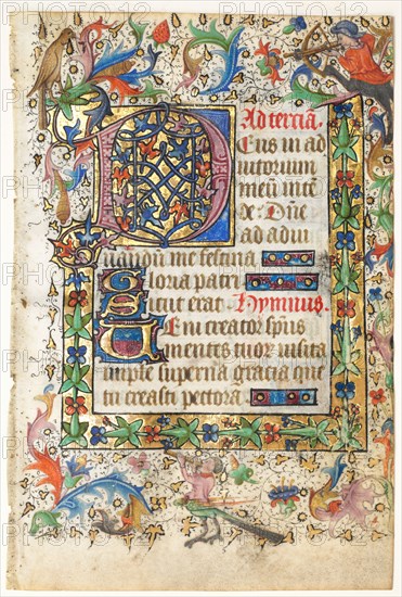 Leaf from a Book of Hours: Decorated Initial D[eus] with Foliated Border (Opening of Terce: Hours of the Holy Spirit), 1430s. And workshop Master of Guillebert de Mets (Flemish). Ink, tempera and gold on vellum; each leaf: 12.7 x 8.4 cm (5 x 3 5/16 in.)
