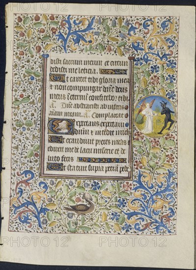 Leaf from a Book of Hours: Angel Chasing a Devil (recto), c. 1460. Circle of Coëtivy Master (French). Ink, tempera and gold on vellum; leaf: 19.7 x 14.3 cm (7 3/4 x 5 5/8 in.)