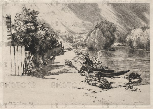 Gazette des Beaux-Arts: The Seine at Bas-Meudon with the Seguin and Mottiaux Islands, 1868. Félix Bracquemond (French, 1833-1914). Etching; sheet: 18.4 x 27.6 cm (7 1/4 x 10 7/8 in.); platemark: 16 x 23 cm (6 5/16 x 9 1/16 in.)