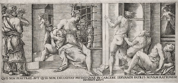 After a Relief in Fountainbleau Palace, Gallery of Francis I: Roman Charity, 1500s. France, 16th century. Etching; sheet: 18.7 x 32.8 cm (7 3/8 x 12 15/16 in.); platemark: 14.3 x 32.2 cm (5 5/8 x 12 11/16 in.)