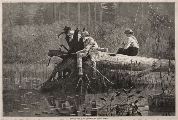 Waiting for a Bite, 1874. Winslow Homer (American, 1836-1910). Wood engraving; sheet: 27.2 x 39.8 cm (10 11/16 x 15 11/16 in.); image: 23.1 x 35 cm (9 1/8 x 13 3/4 in.)