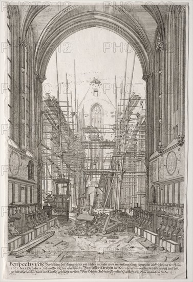 L'Art Ancien Zurich: View in the Church of the Franciscans, Barfüsser-Kirke, 1681. Johan Ulrich Krauss (German, 1655-1719), after Johann Andreas Graf (German, 1637-1701). Etching; sheet: 48.5 x 32.3 cm (19 1/8 x 12 11/16 in.)
