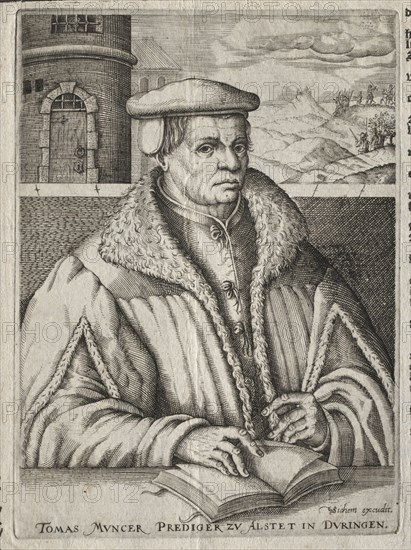 Iconica et historica discripto...: Portrait of Thomas Münzer, 1609. Christoffel van Sichem (Dutch, 1577-1658). Engraving; sheet: 31.3 x 39.4 cm (12 5/16 x 15 1/2 in.); platemark: 17.3 x 12.6 cm (6 13/16 x 4 15/16 in.)