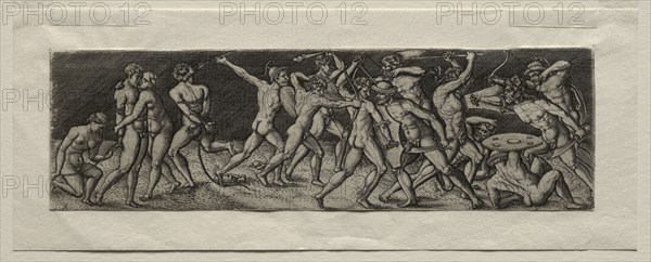 Fight between Eleven Warriors. Allaert Claesz (Netherlandish, fl. 1508-1534), after Antonio del Pollaiuolo (Italian, 1431/32-1498). Engraving; sheet: 4.6 x 15.8 cm (1 13/16 x 6 1/4 in.).