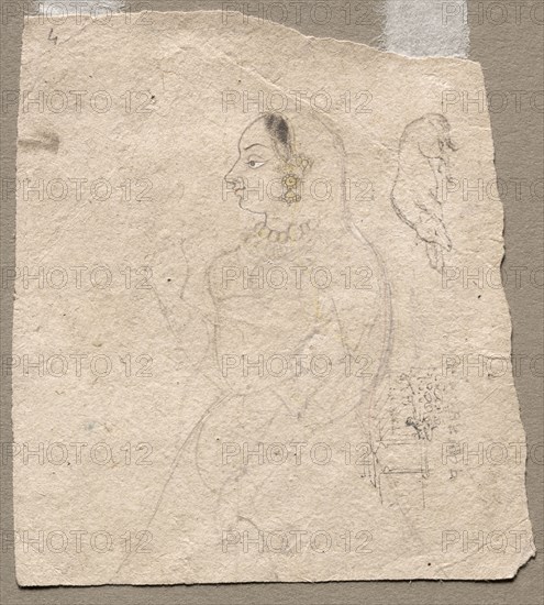 Sketch of  a Woman with an elephant and other animals on reverse, 1700s. India, Pahari, 18th century. Pencil on paper; overall: 12 x 11 cm (4 3/4 x 4 5/16 in.).