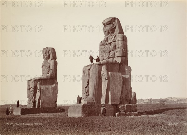 Thebes, The Colossi of Memnon, 1870s. Henri Béchard (French). Albumen print from wet collodion negative; image: 36 x 26.9 cm (14 3/16 x 10 9/16 in.); paper: 36 x 26.9 cm (14 3/16 x 10 9/16 in.); matted: 50.8 x 61 cm (20 x 24 in.)