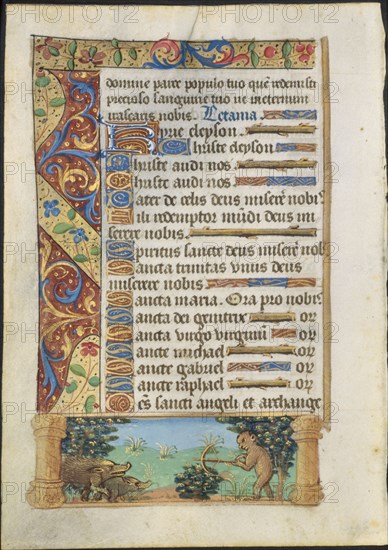 Leaf from a Book of Hours: Ape Hunting Wild Boars, c. 1500-1510. France, Paris or Rouen, 16th century. Ink, tempera and liquid gold on vellum; each leaf: 18.1 x 12.9 cm (7 1/8 x 5 1/16 in.).