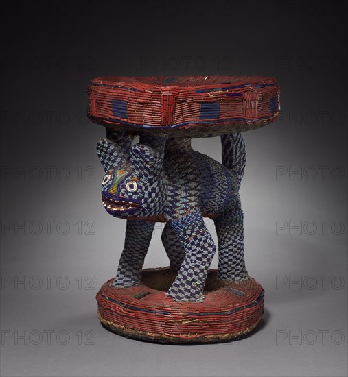 Leopard Caryatid Stool, possibly 1800s. Equatorial Africa, Cameroon, Bandjoun kingdom, Bamileke, possibly 19th century. Wood, cotton, fabric and glass beads; overall: 51 x 38 x 43 cm (20 1/16 x 14 15/16 x 16 15/16 in.)