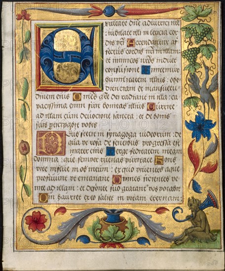 Leaf from a Psalter and Prayerbook: Initial E with Ornamental Border Containing a Seated Satyr and a Bird Eating Grapes (recto), c. 1524. North Germany, Hildesheim (?), 16th century. Ink, tempera and liquid gold on vellum; each leaf: 16.6 x 13.5 cm (6 9/16 x 5 5/16 in.)
